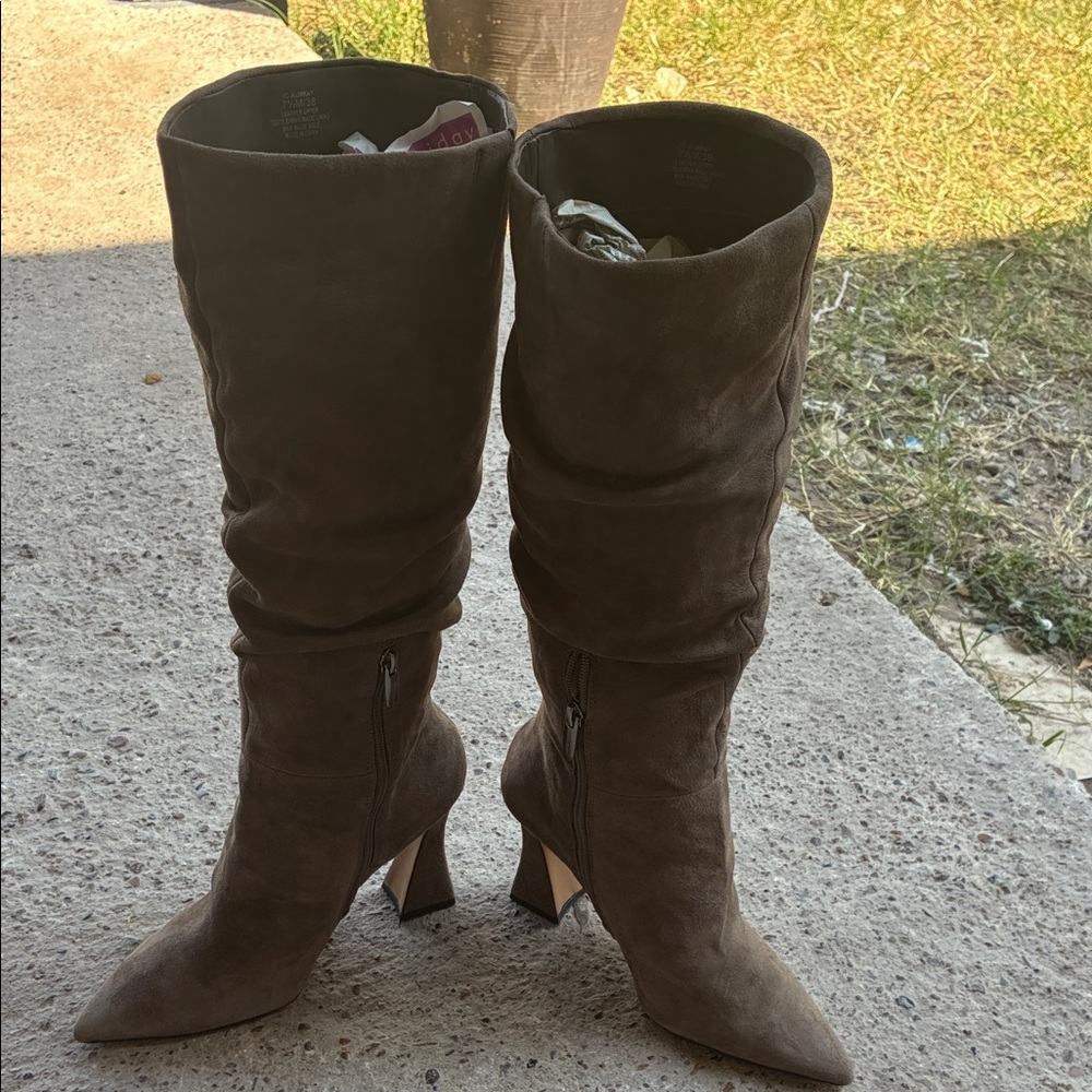 Vince Camuto Taupe Slouchy Pointed-Toe Suede Heeled Boots - Picture 4 of 14